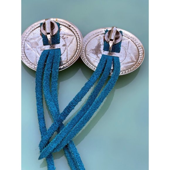 Vintage 1980s Concho Star Earrings With Blue Leather Tassels - Picture 10 of 10